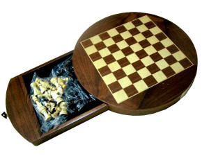 Gevin AA1303-01: 13-inch Round Magnetic Walnut Chess Case with Drawer - Open