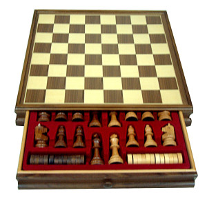 Gevin AA1501-01: 15 inch Walnut Chess Case with Drawer (drawer open)