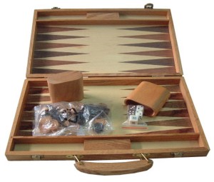 Gevin AD1501-04: 15 inch oak wood backgammon set - open