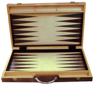 Gevin AD1805-01: Walnut and Camphor Burl Backgammon Set with Metal Handle - Open